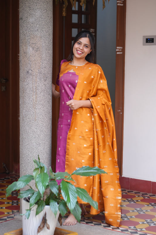 AA159 Violet with Mustard Yellow Combo Dude Silk Kurti with Dupatta