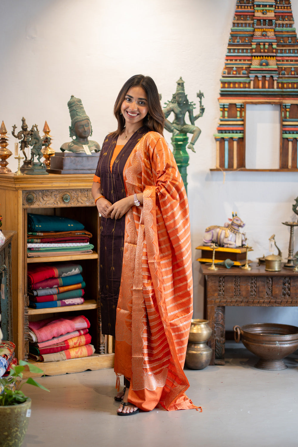 Brown Parrot Print Raw Silk Kurti & Pant  with Orange Jacquard  Silk Dupatta (Neck & Sleeve Patched with Orange Silk Fabric)