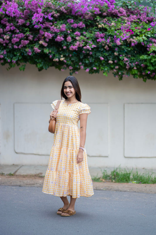 AA255 Yellow Checks with Lavender Floral Maxi