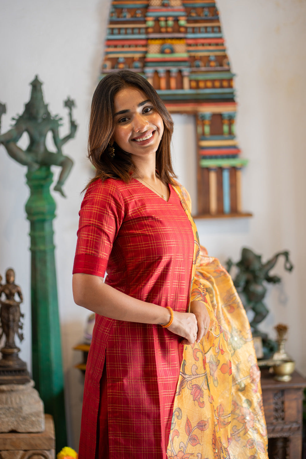 AA308 Red Triple Checks Pure Raw Silk Kurti & pant with Yellow Crush silk Organza Dupatta with Mirror work & floral Penkalamkari prints