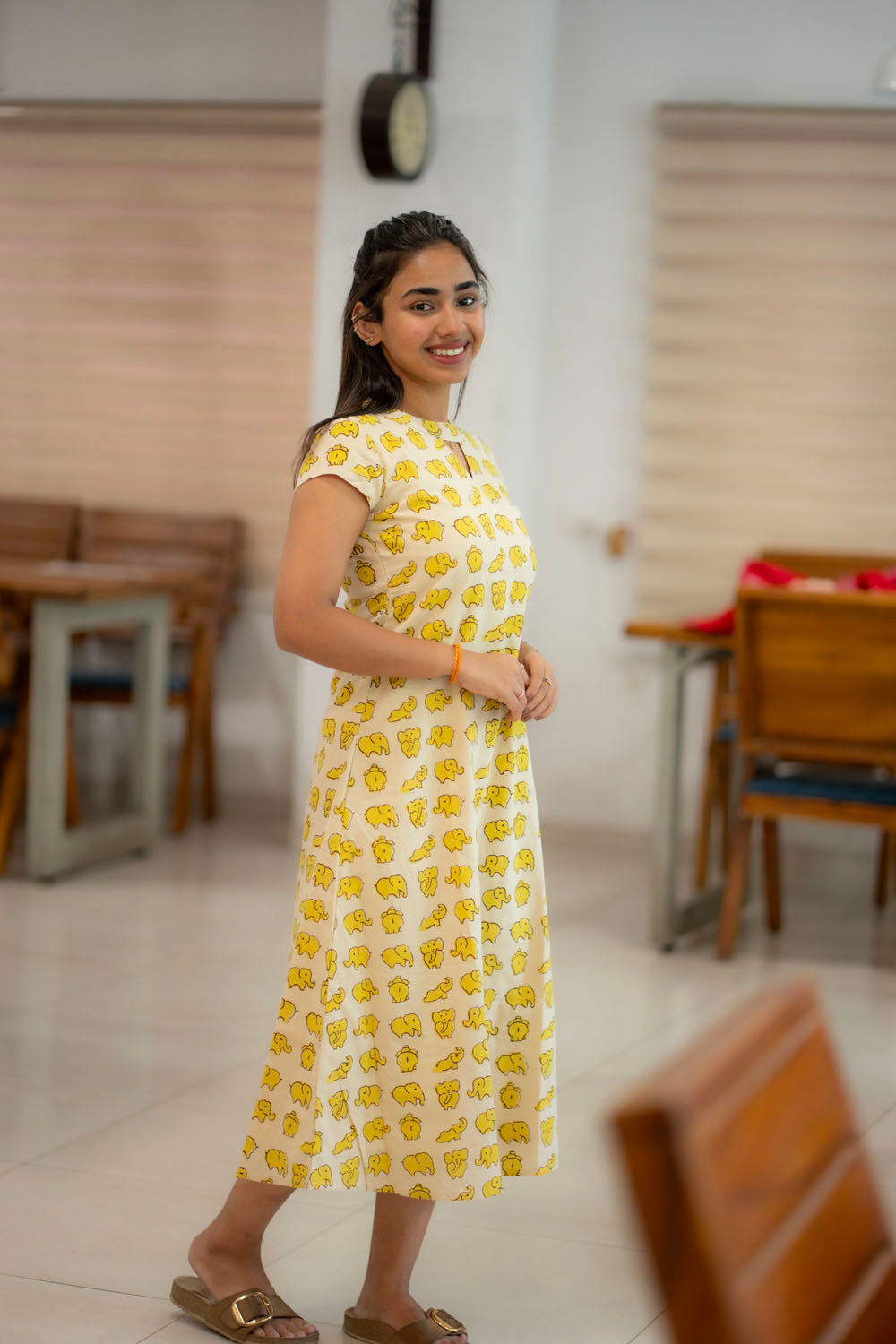 AA223 Beige Colour Yellow Elephant Print Cotton Aline Dress