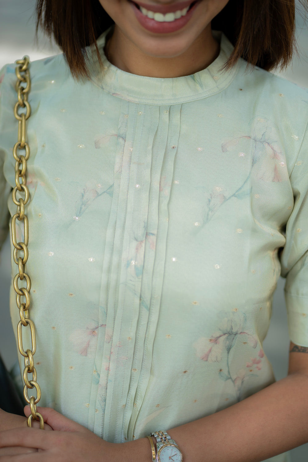 AA279 Pista Green Shimmer Silk Kurti