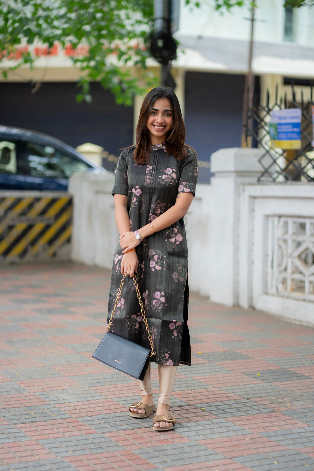 AA287 Black with Lavender Floral Shimmer Silk Kurti