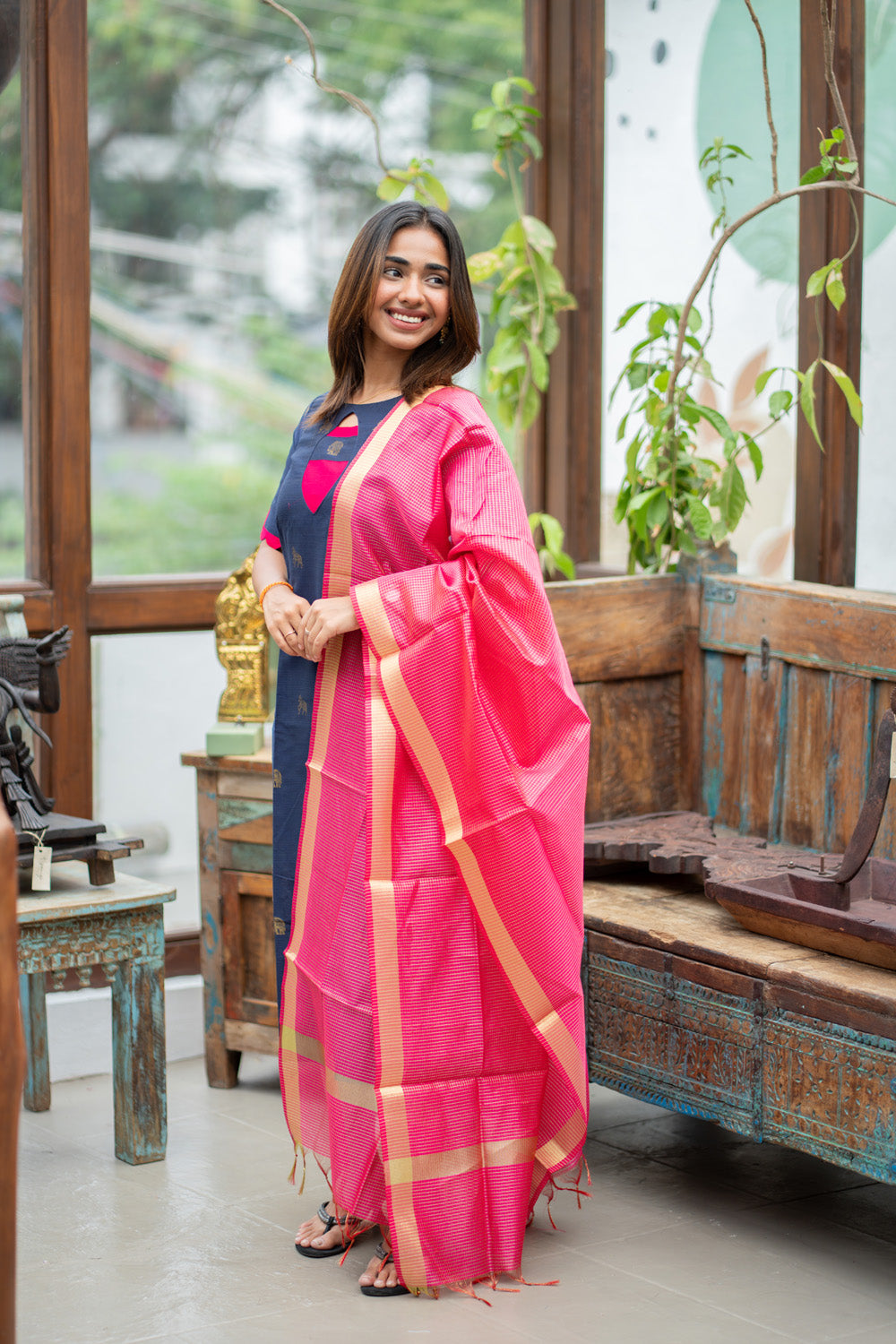 Dark Blue Raw Silk Kurti with Golden Elephant & Horse motifs Paired with Rani Pink Zari Checks Dupatta(Neck & sleeve patched with Rani pink Silk fabric)