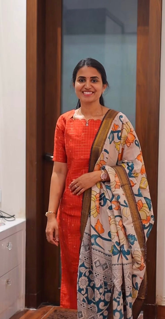 AA177 Rust Orange Raw Silk Kurti With Kalmkari Dupatta