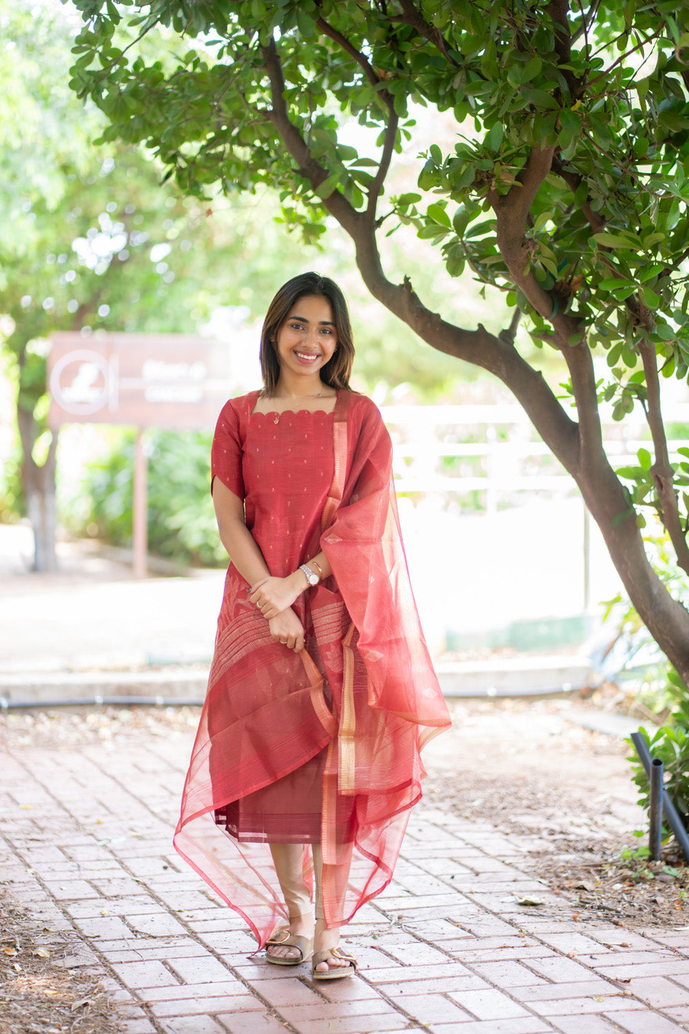 AA296 Red Chanderi Tissue Silk With Golden Motifs Kurti with Dupatta