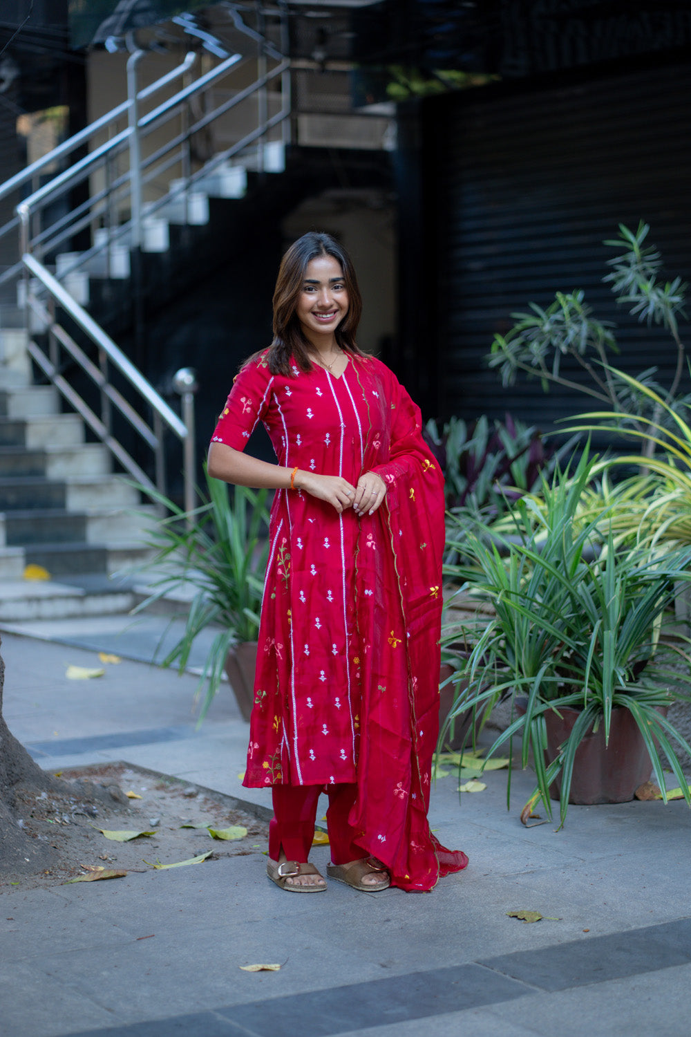 AA267 Dark Red Mul Chanderi Floral Salwar Set