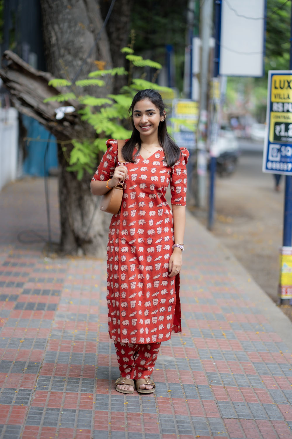 AA219 Red Cotton Elephant Printed  Co Ord Set
