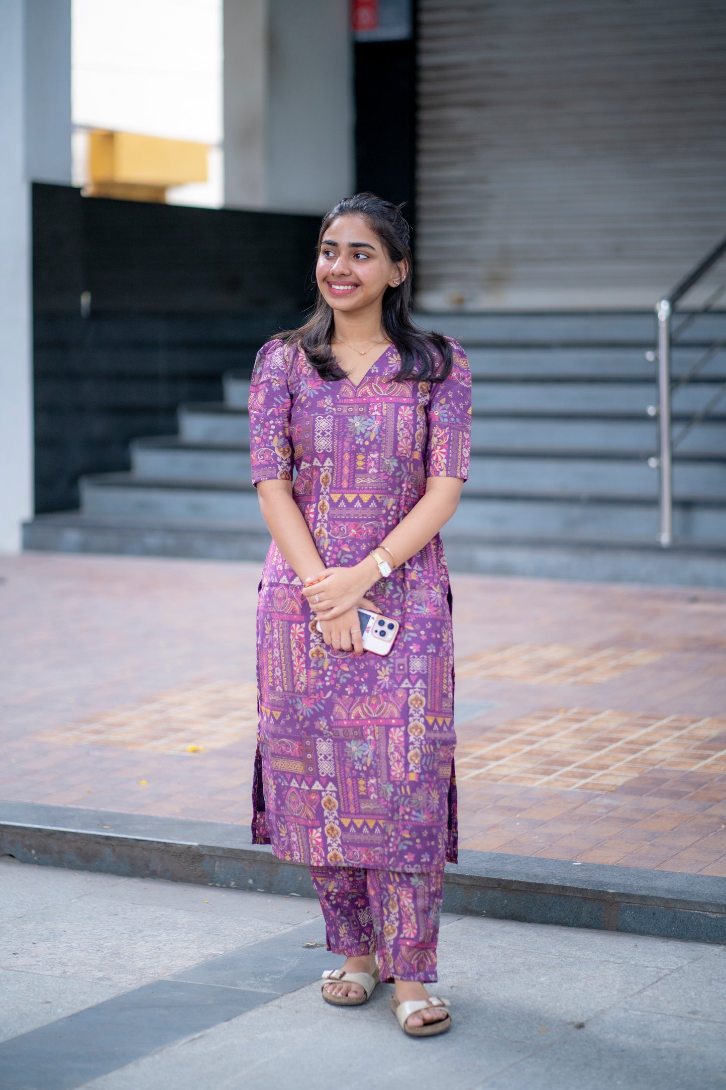 AA078 Violet Floral Printed Silk Co-Ord Set