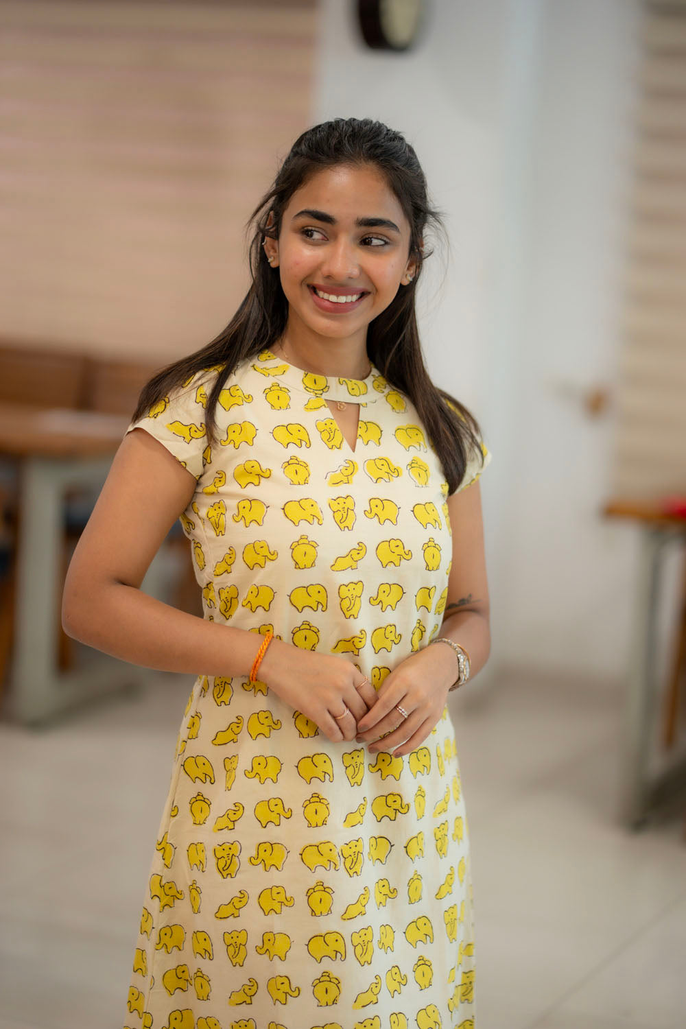 AA223 Beige Colour Yellow Elephant Print Cotton Aline Dress