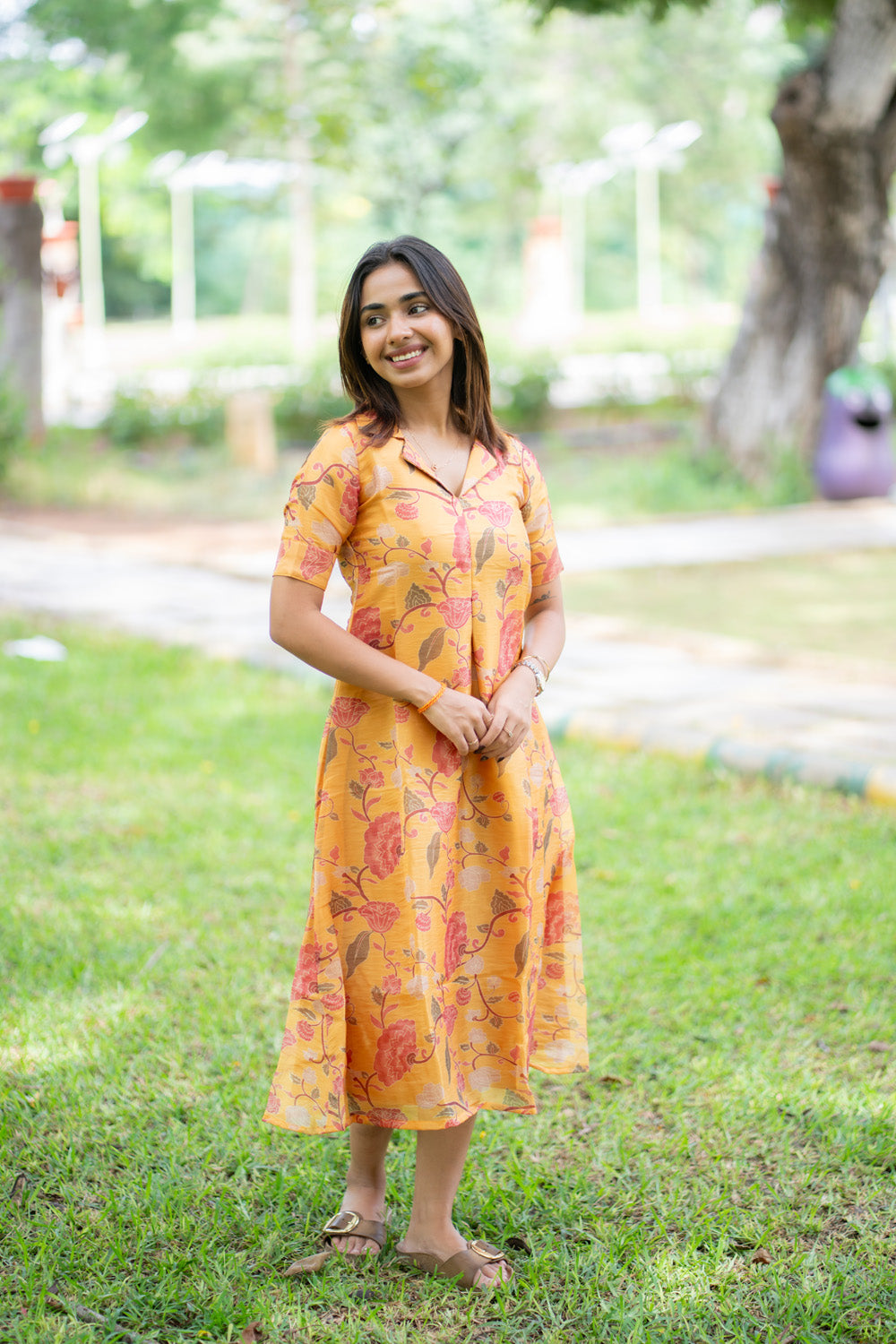 AA290 Marigold Floral Chiniya Silk Aline Dress