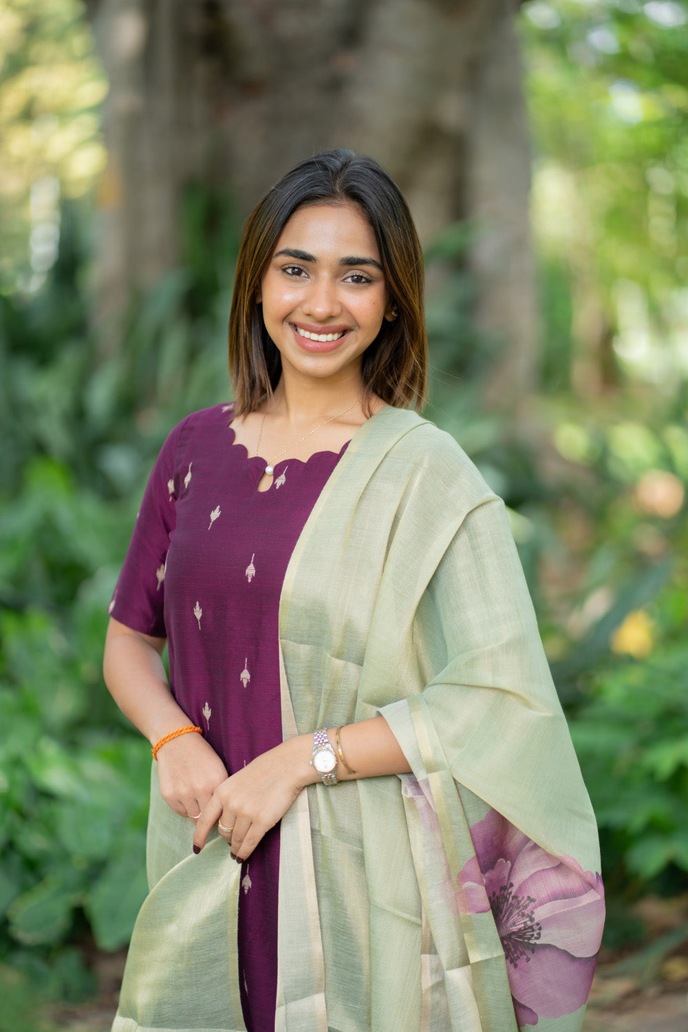 AA291 Wine Purple Raw Silk Top & Pant With pastel Green Tissue Silk Floral Dupatta
