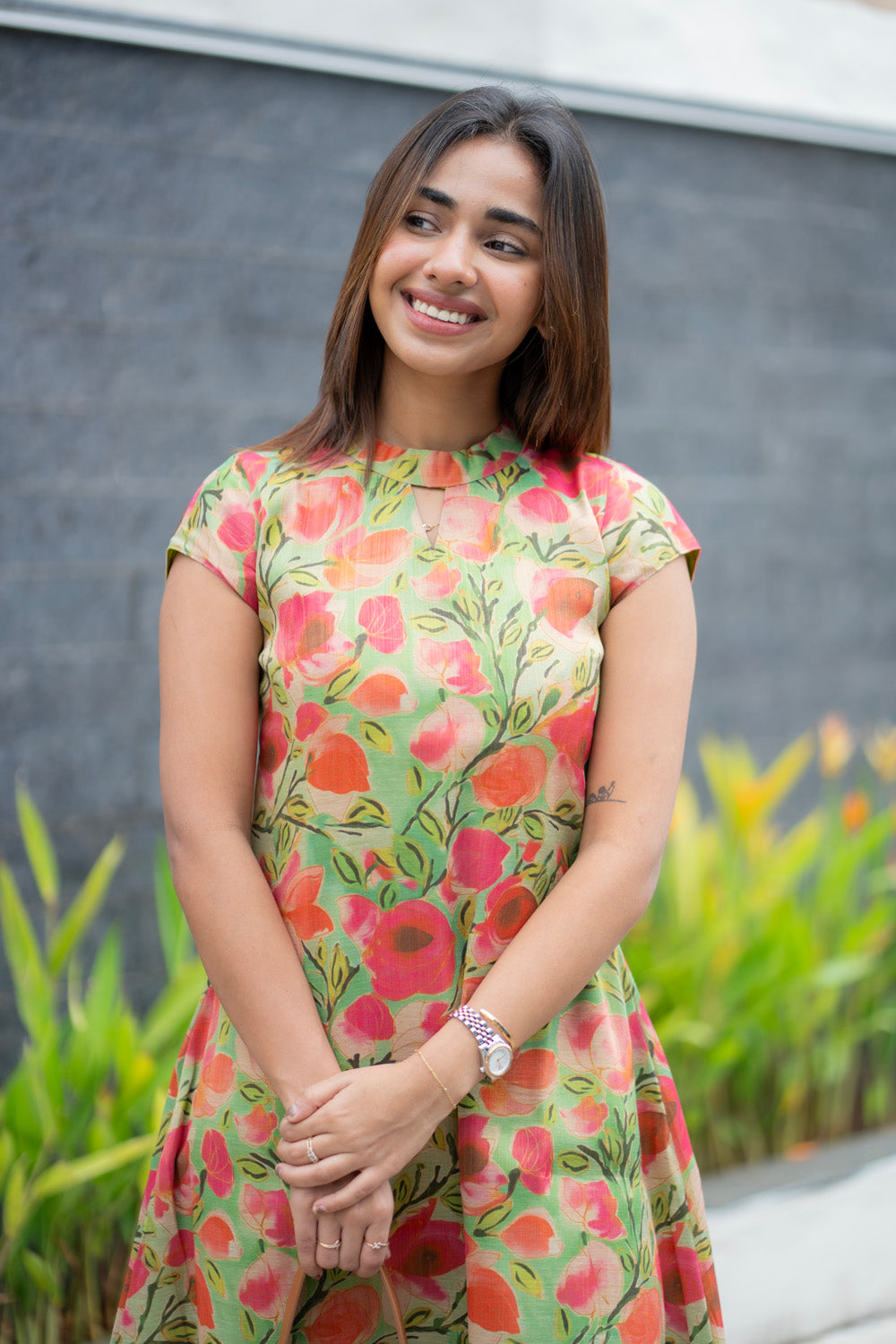 AA283  Green With Pink Floral Shimmer Silk Aline Kurti
