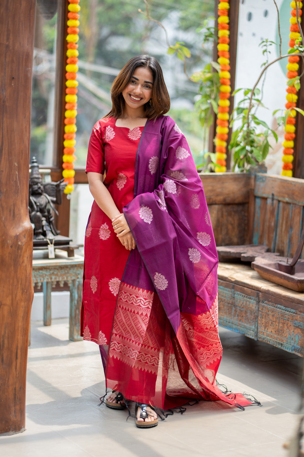 AA310 Red with Violet Combo Silk Cotton Salwar Set(with Silver Jari Design)(provided lining for top & pant)