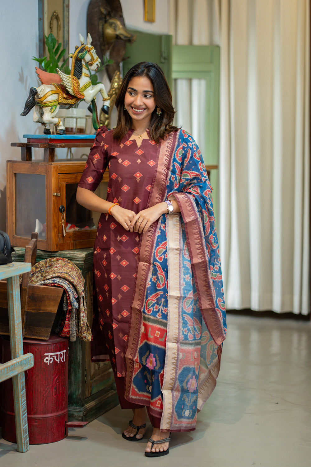 Brown with Blue combo Malai Chanderi Salwar Set with Patola Print Dupatta