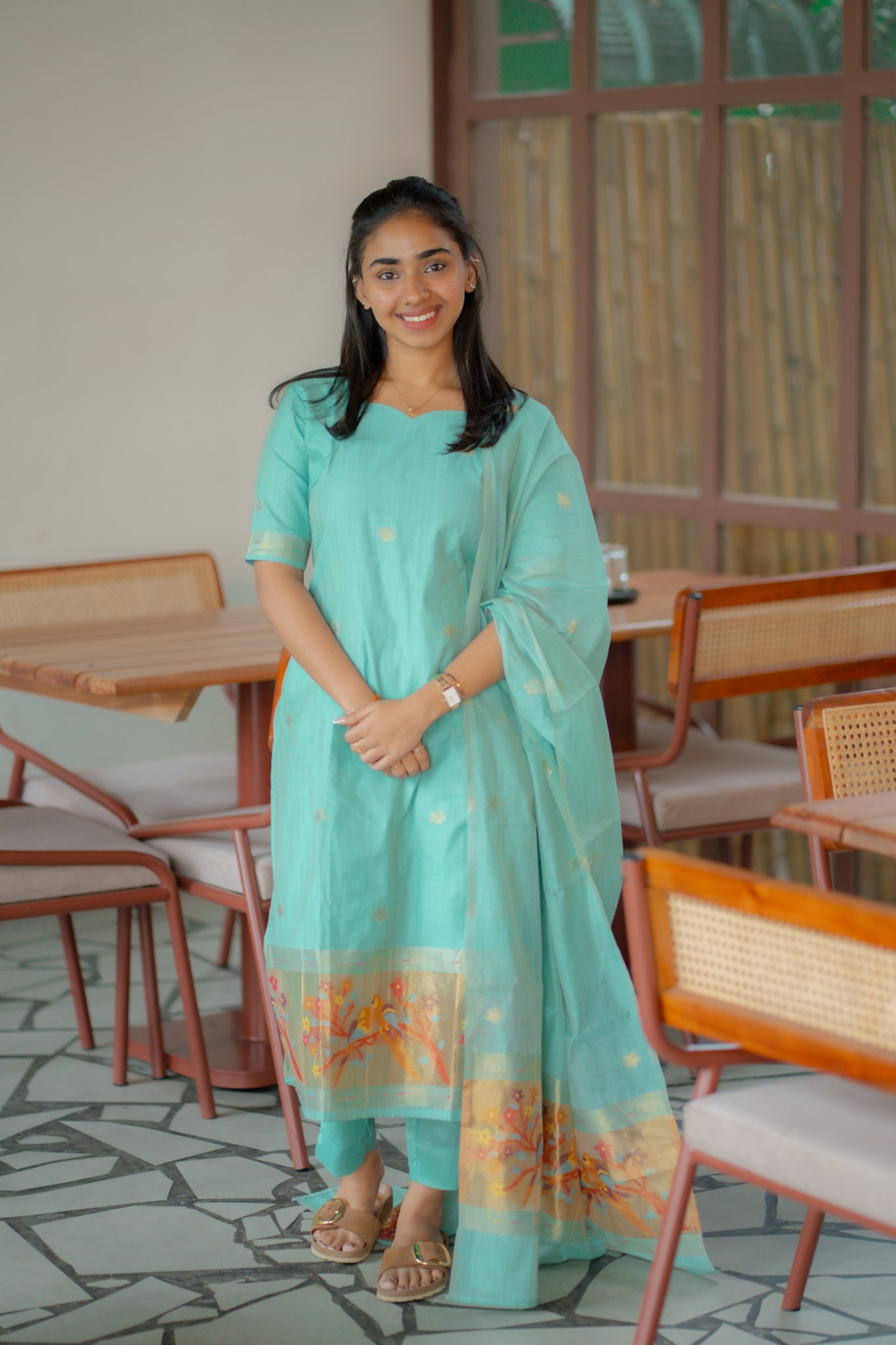 AA142 Blue Jamdani Linen Silk with Paithani Border 3 pc set