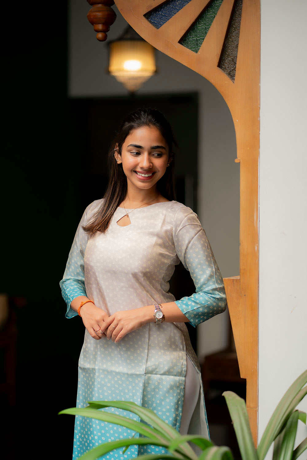 AA206 Beige with Blue Combo Bandhani Silk Kurti