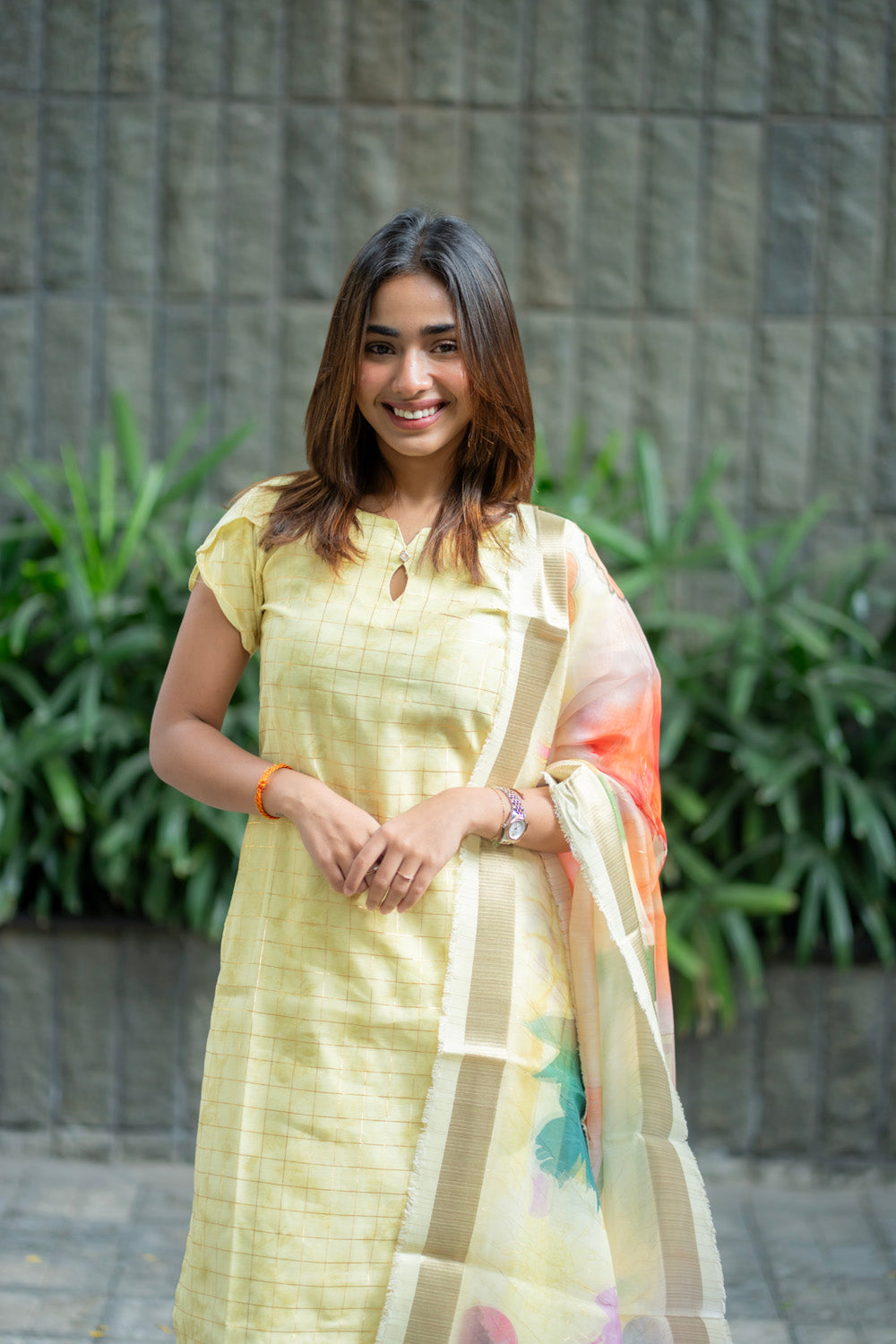 AA271 Yellow Checks Digital Silk Salwar