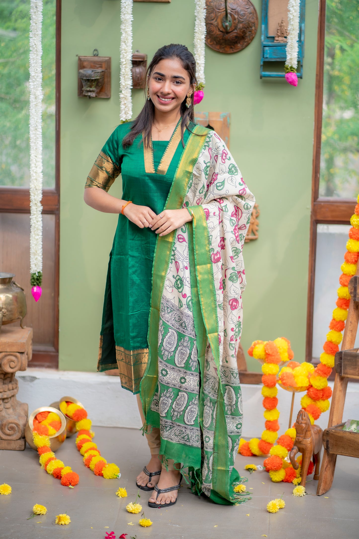 AA150 Dark Green Pure Mangalagiri Silk Kurti with kalamkari Dupatta
