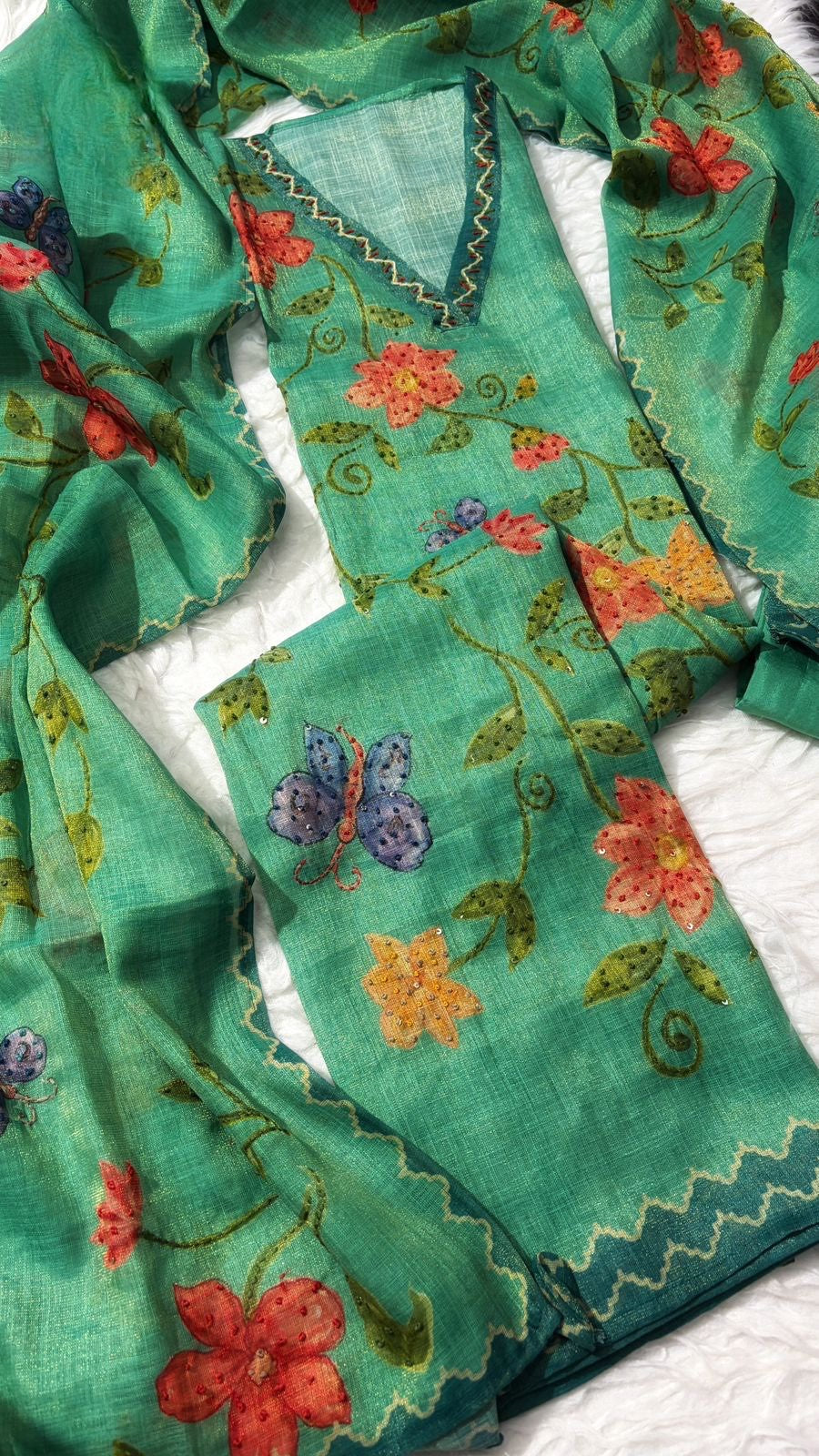 Green Linen Silk Salwar Material