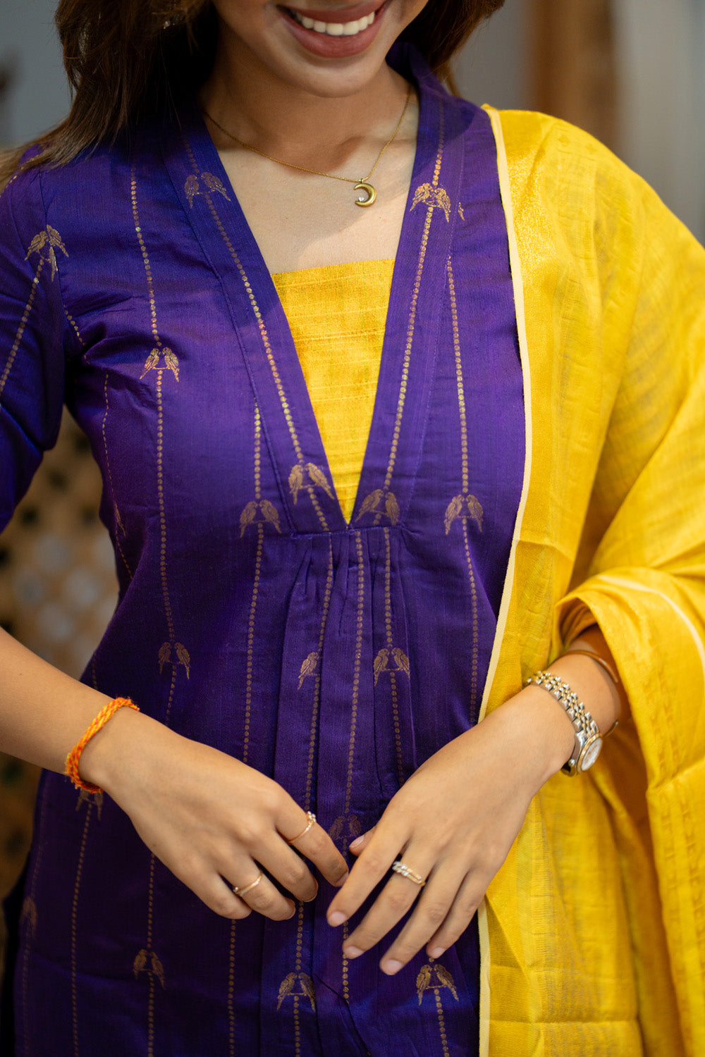 AA309 Violet Parrot Print Raw Silk Kurti & Pant  with Yellow Silk Dupatta (Neck & Sleeve Patched with Yellow Silk Fabric)