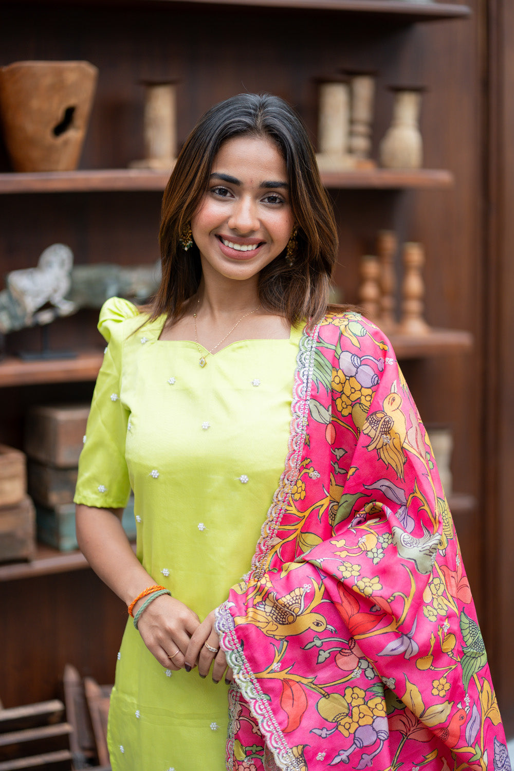 AA299 Gulabi Kalamkari Silk set (Pistachio Beads work Organza Kurti with Kalamkari Silk Dupatta with Scallop at the edges)