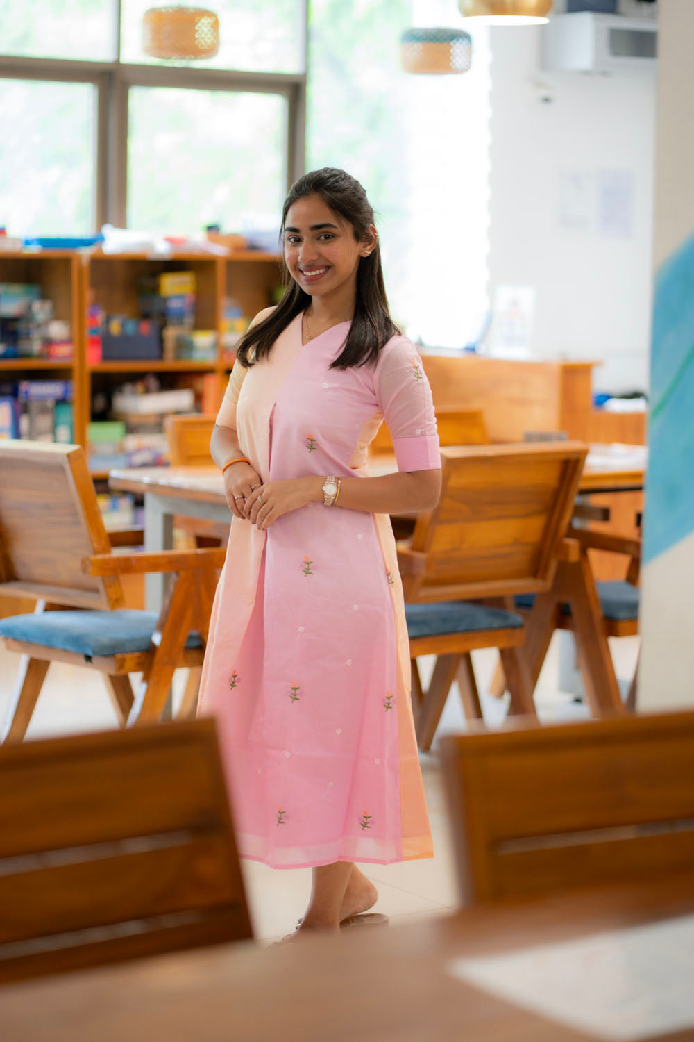 AA222 Peach with Pink Combo  Mul Chanderi Embroidery Aline Dress