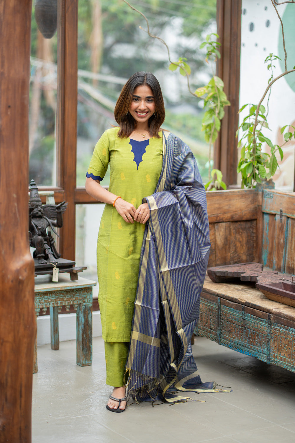 Parrot Green Raw Silk Kurti & Pant with Golden Floral Motifs Paired with Blue Zari Checks Dupatta(Neck & Sleeve patched with Blue semi raw Silk Fabric)