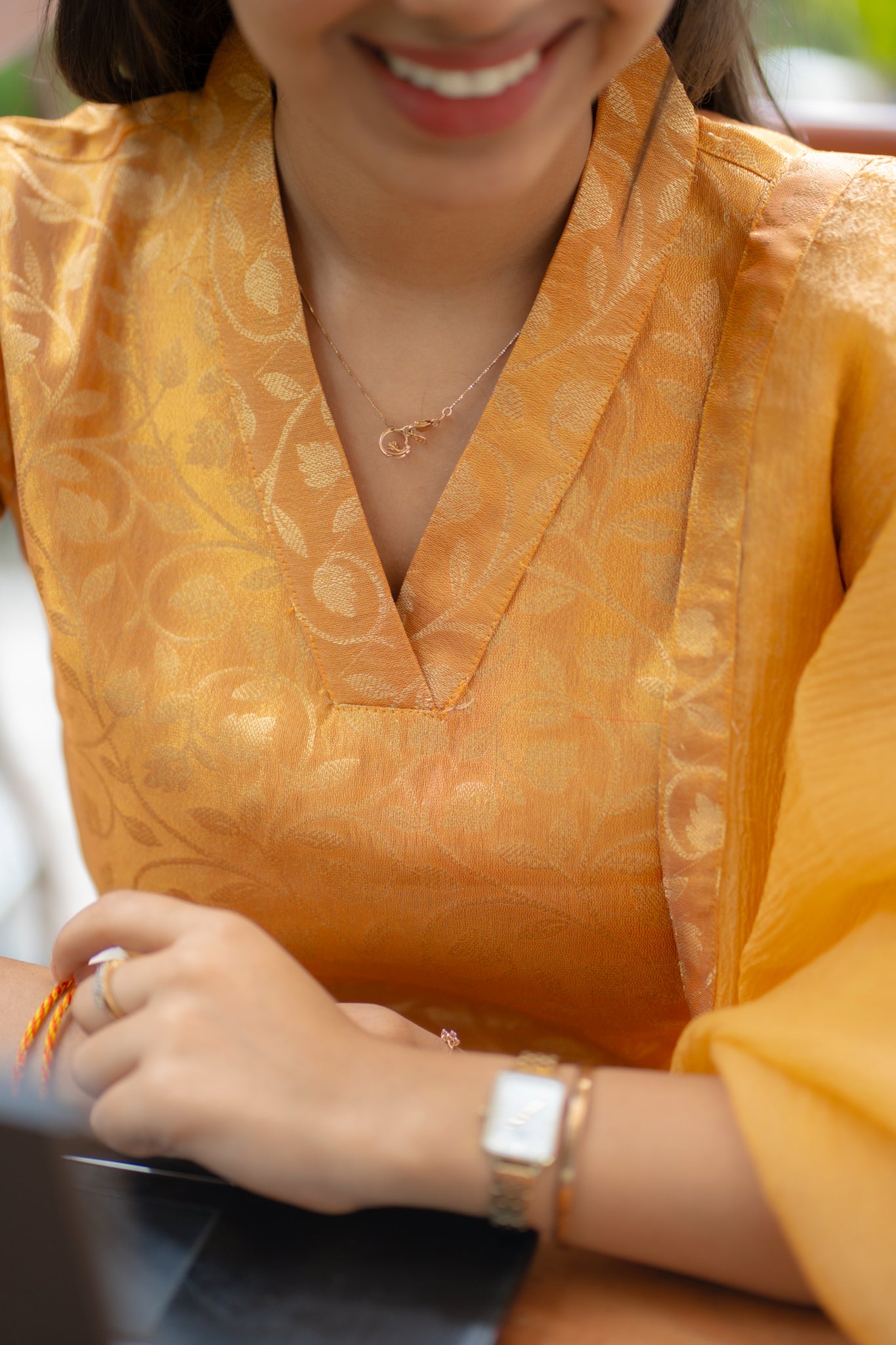A144 Pastel Orange Floral Brocade Kurti with Crush Silk Dupatta