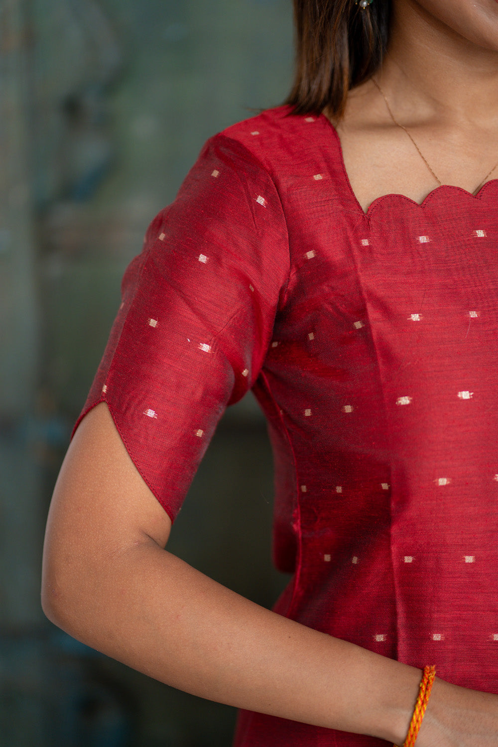 AA304 Plum Red Chanderi Silk Salwar Set with Scallop Neck (Rich & Classy Outfit with Golden Border & Golden Motifs)