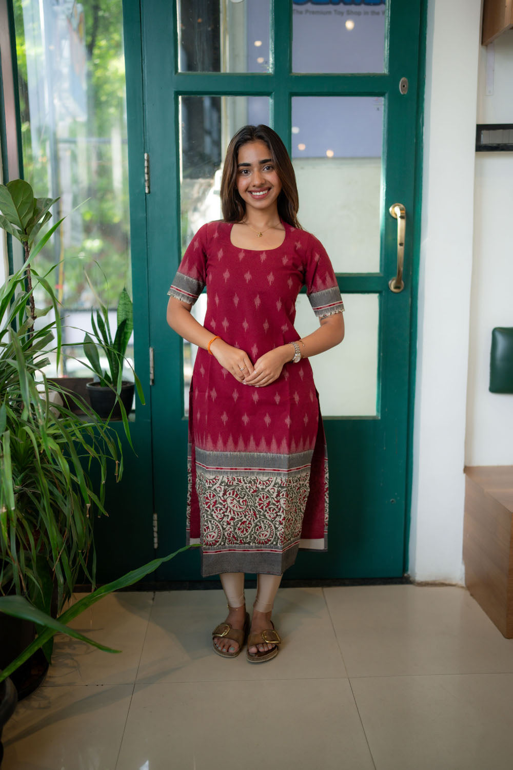 AA249 Maroon Cotton Kurti with Kalmkari Border