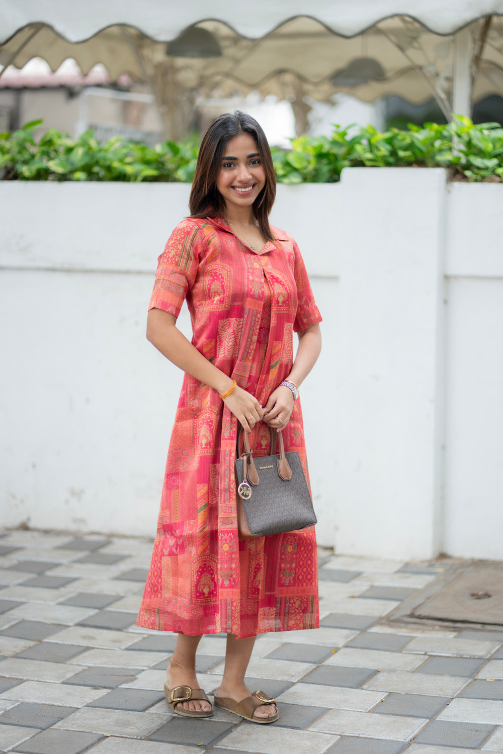 AA288 Coral Red with Multi Prints Shimmer Silk Aline Kurti