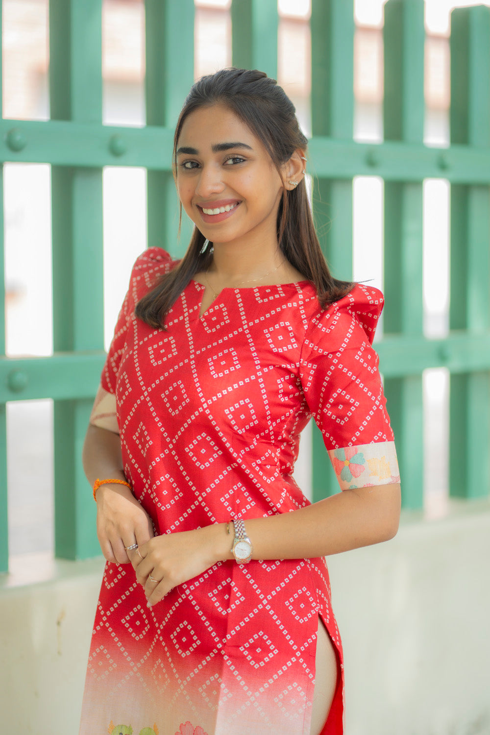 AA237 Red Bandhani with Beige Floral Parrot Print Kurti