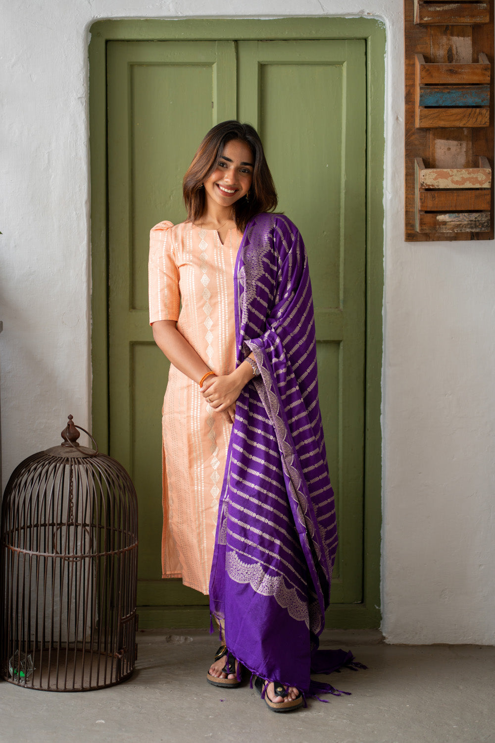 Peach Chanderi Diamond Stripes & Butta Kurti with Violet Banarasi Jacquard Dupatta