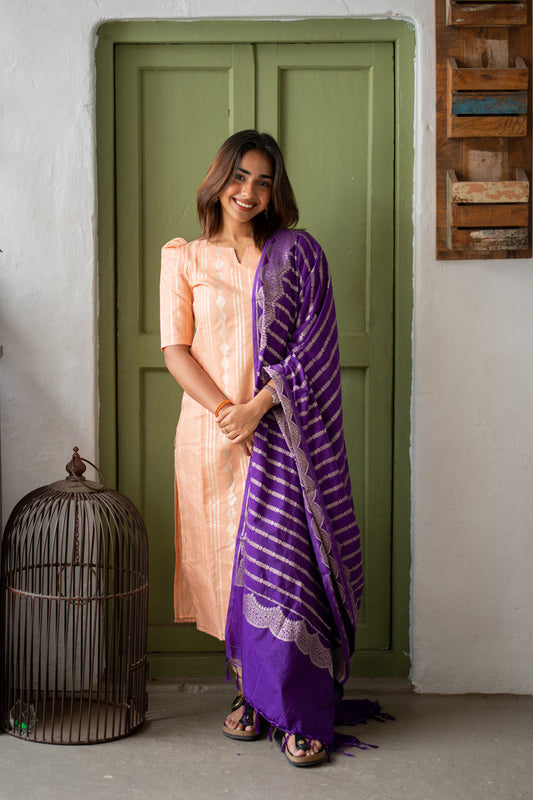 Peach Chanderi Diamond Stripes & Butta Kurti with Violet Banarasi Jacquard Dupatta