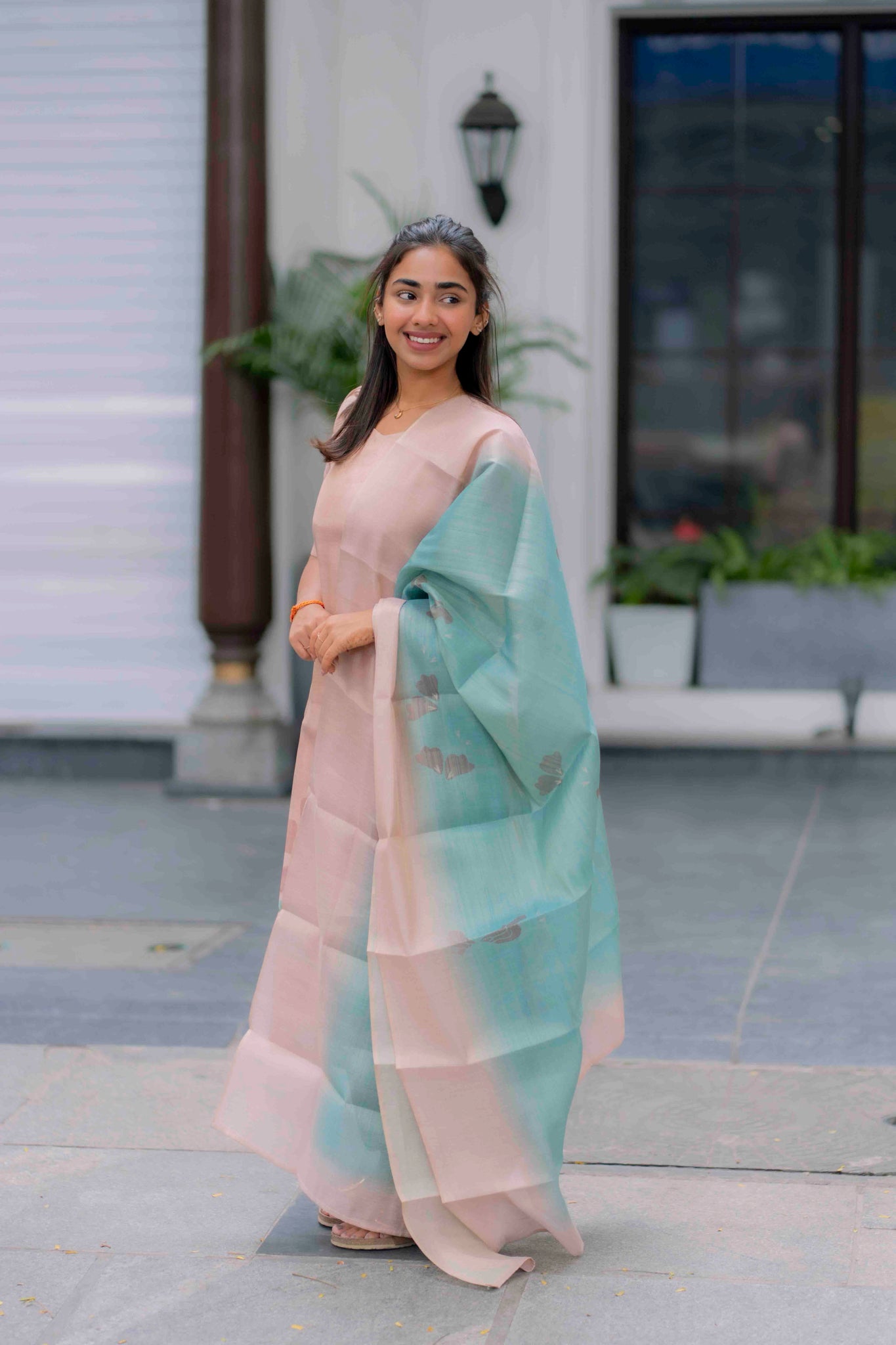 AA200 Cream Beige with Blue Combo Tissue Silk 3 Pc Set