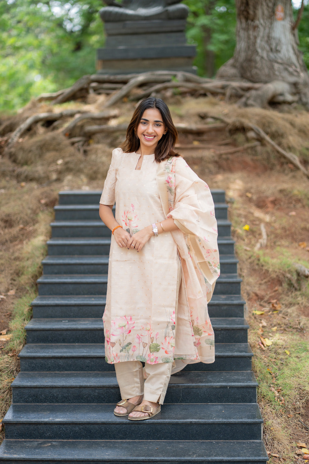 AA290 Beige Colour Lotus Print Banarasi weaves Shimmer Silk Salwar Set