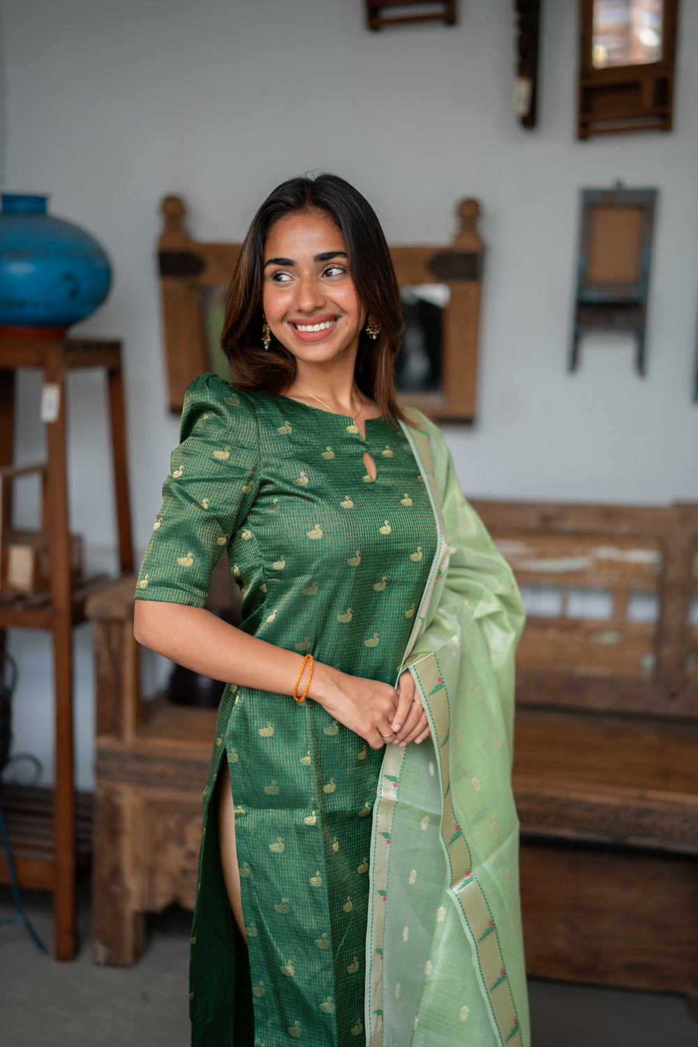 AA311 Bottle Green Checks Swan Print Tissue Silk Kurti with Light green Checks Paithani Border Tissue Silk Dupatta