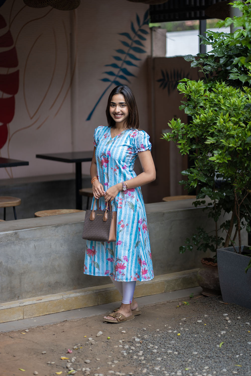 AA257 Blue with White Stripes Cambric Hakoba Floral Aline Kurti