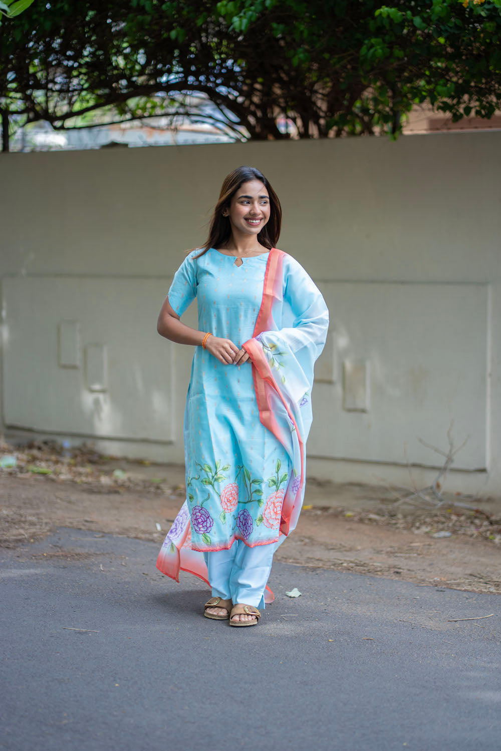 AA254 Blue with Golden motifs & Floral Print Kota Cotton Salwar Set