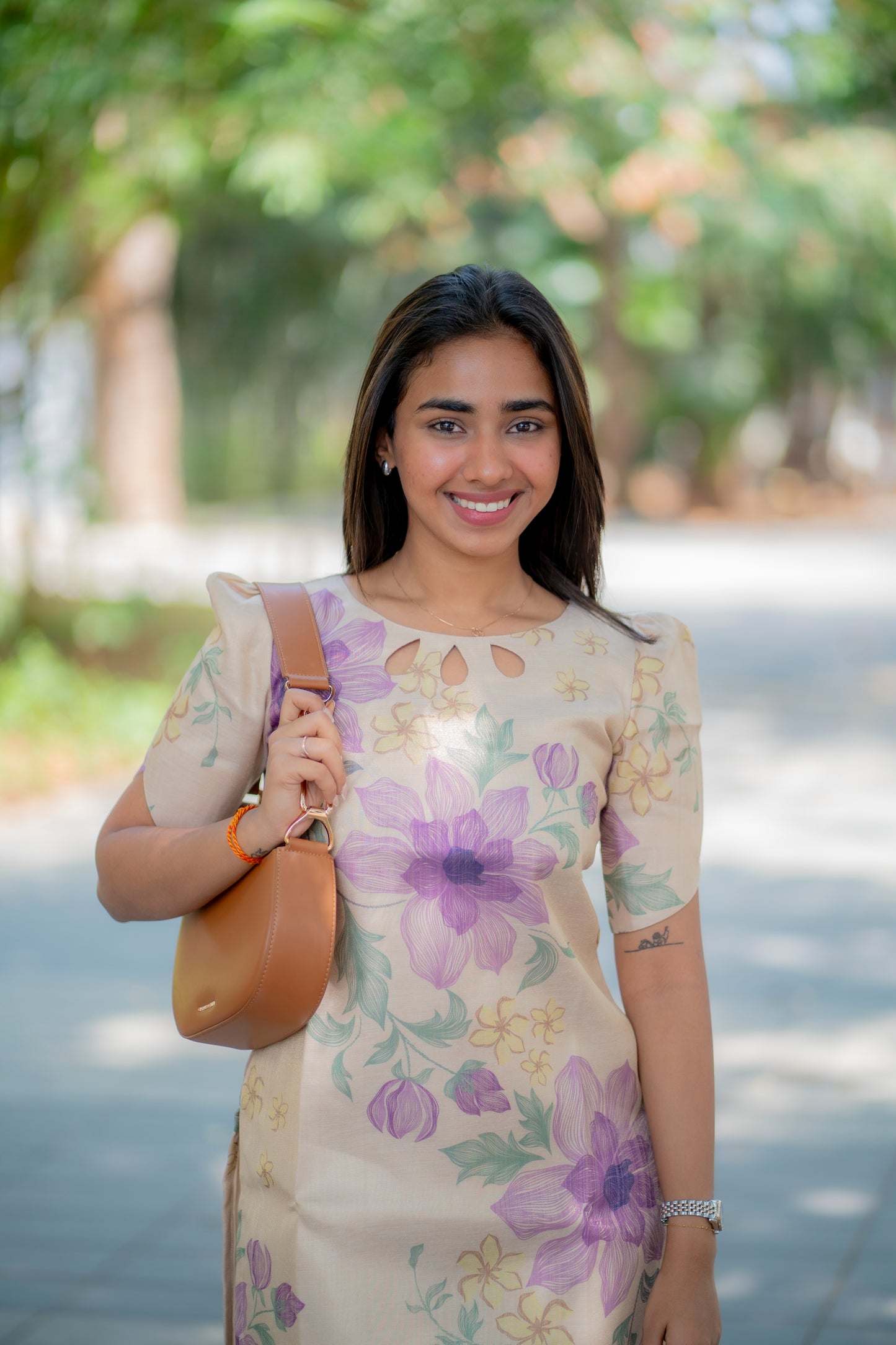 AA188 Cream with Lavender Floral Silk Kurti