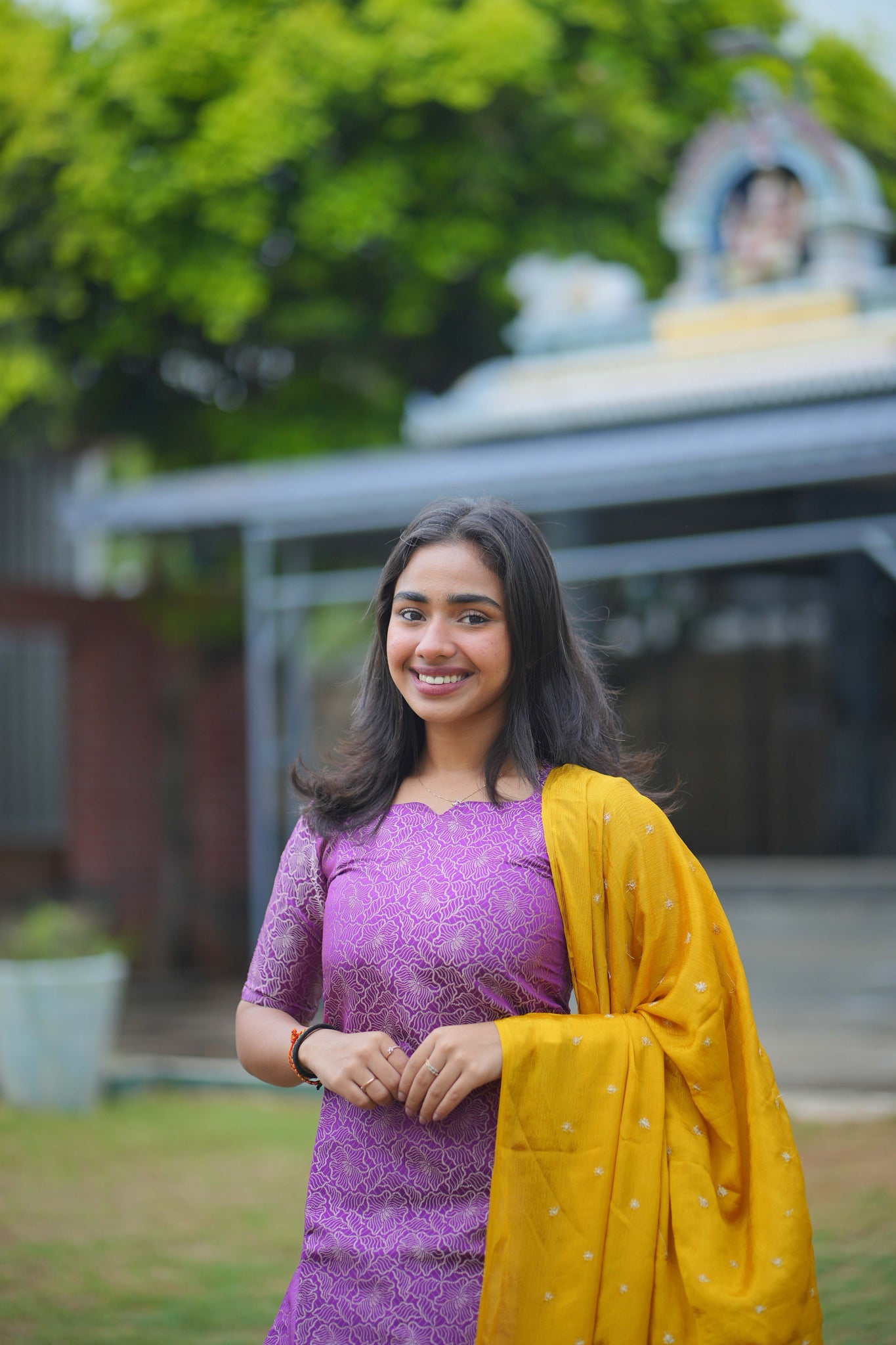 AA115 Purple Art Silk Kurti with Yellow golden Motifs Dupatta