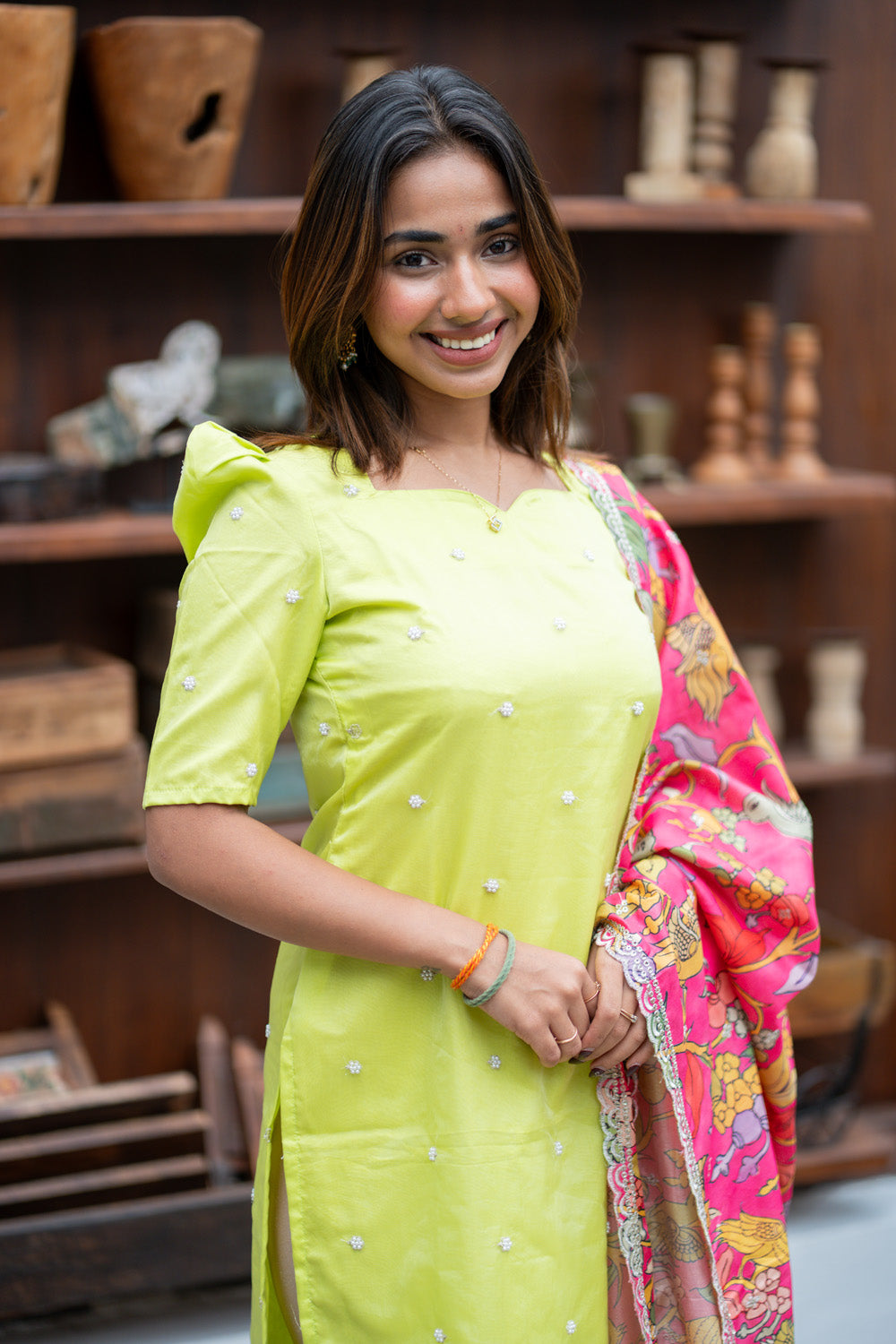 AA299 Gulabi Kalamkari Silk set (Pistachio Beads work Organza Kurti with Kalamkari Silk Dupatta with Scallop at the edges)
