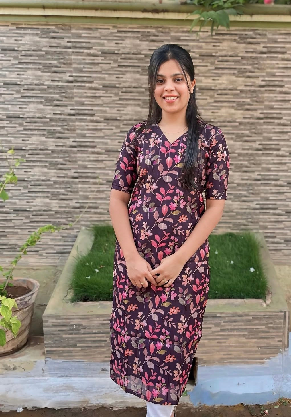 Brown floral cotton kurti