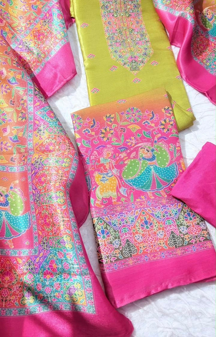 Neon with PinkTussar Silk Salwar Material