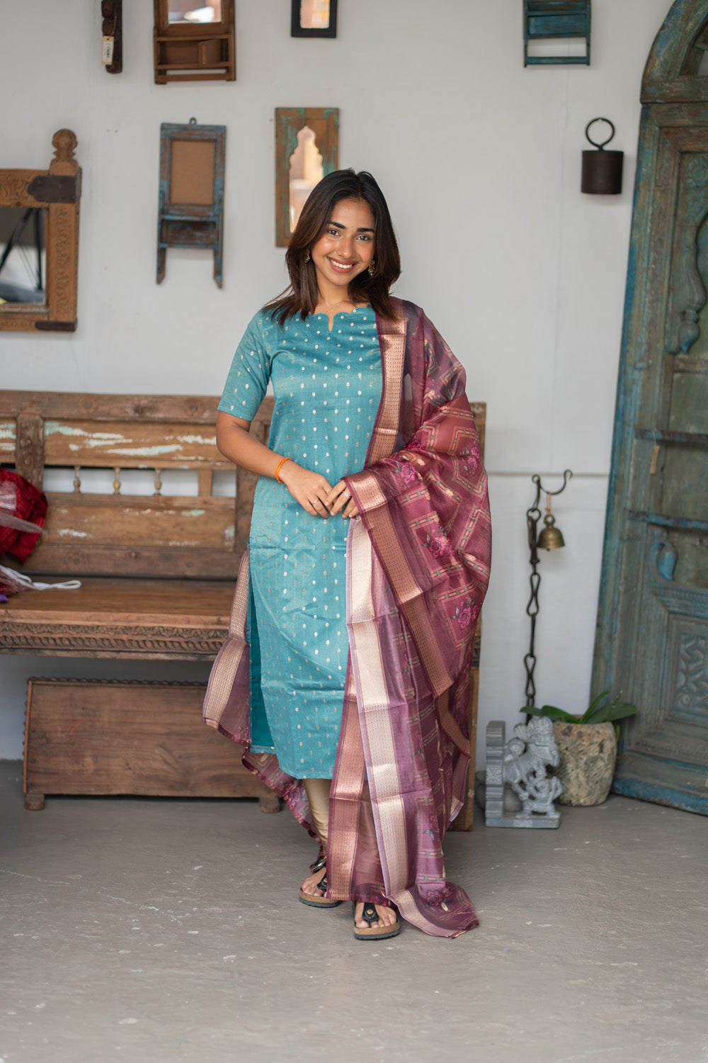 Blue Raw Silk Kurti with Beautiful Motifs paired with Organza Dupatta