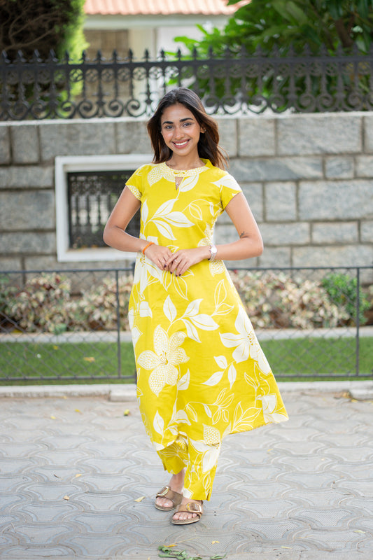 AA302 Neon Yellow Floral Cotton Co-Ord Set(with Lining & Pockets)