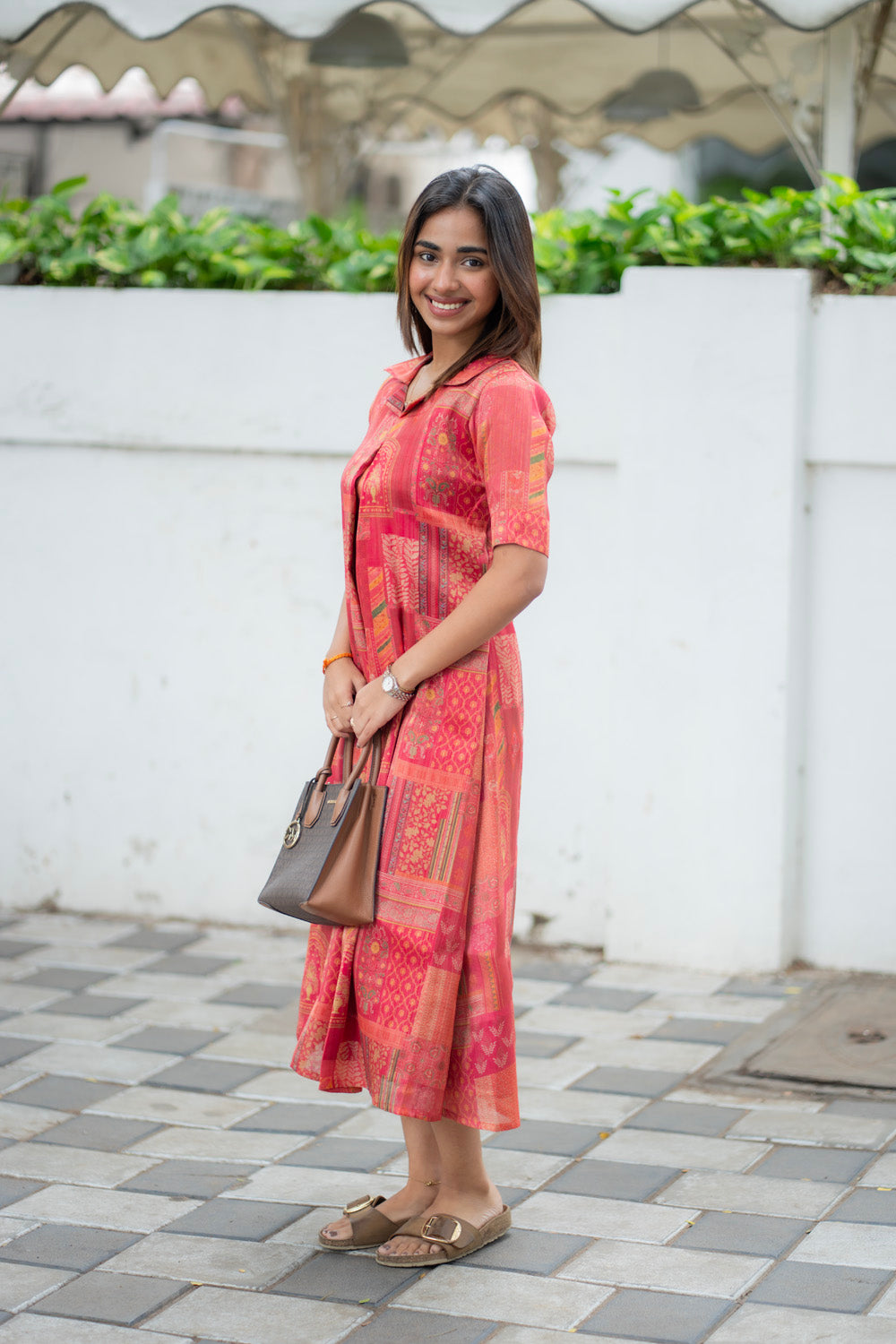 AA288 Coral Red with Multi Prints Shimmer Silk Aline Kurti