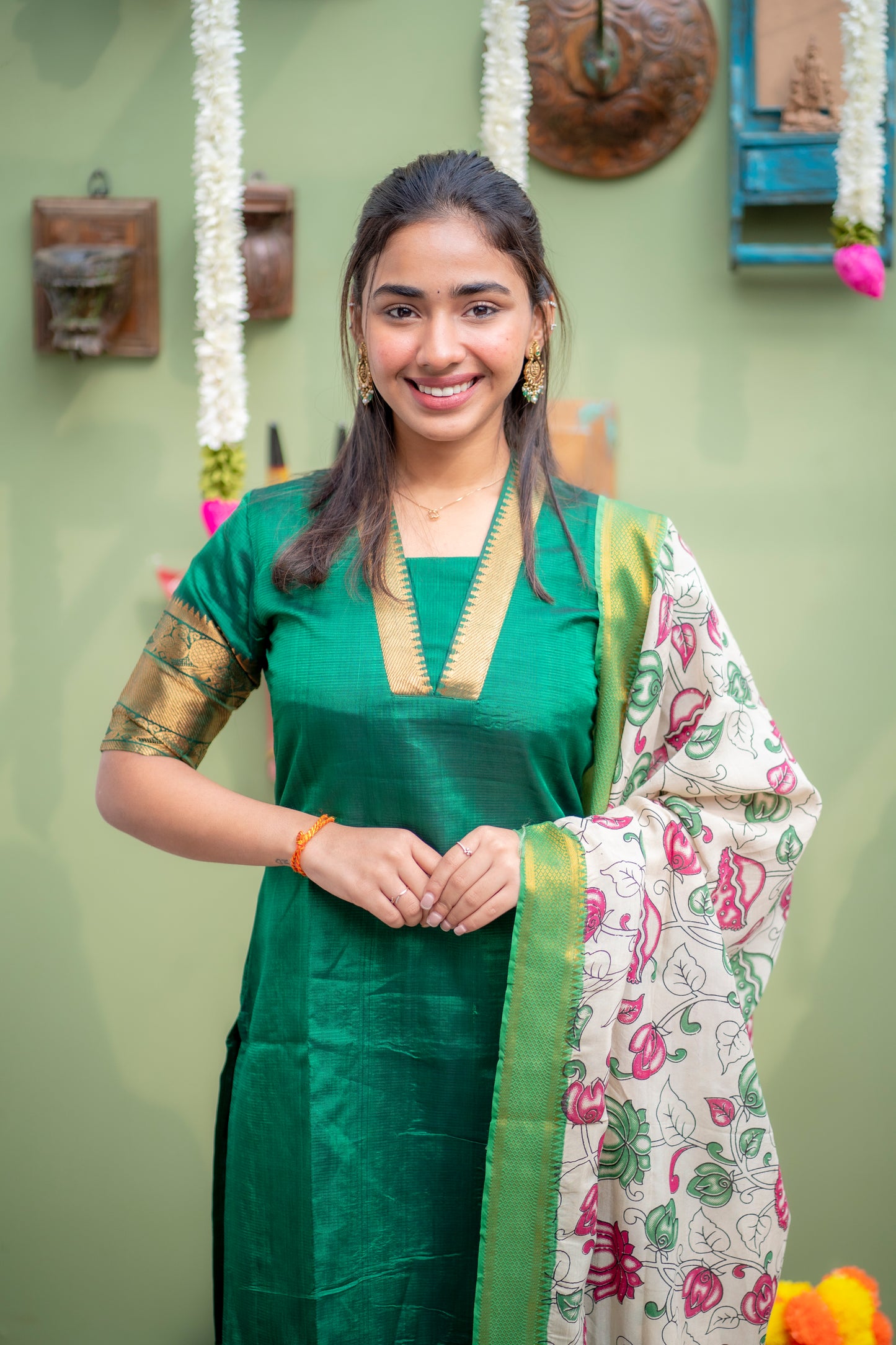 AA150 Dark Green Pure Mangalagiri Silk Kurti with kalamkari Dupatta