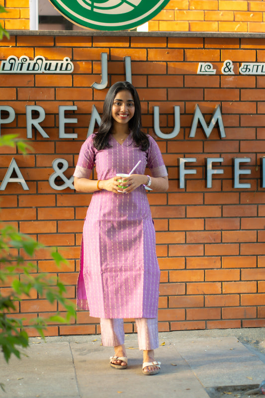 AA131 Lavender Raw Silk Kurti with Blush pink Pant (Co-Ord Set)